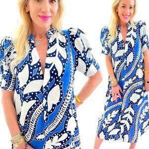 Lanhtrophy Puff Sleeve Linen Athina Dress in Mykonos Blue White Print Size Large